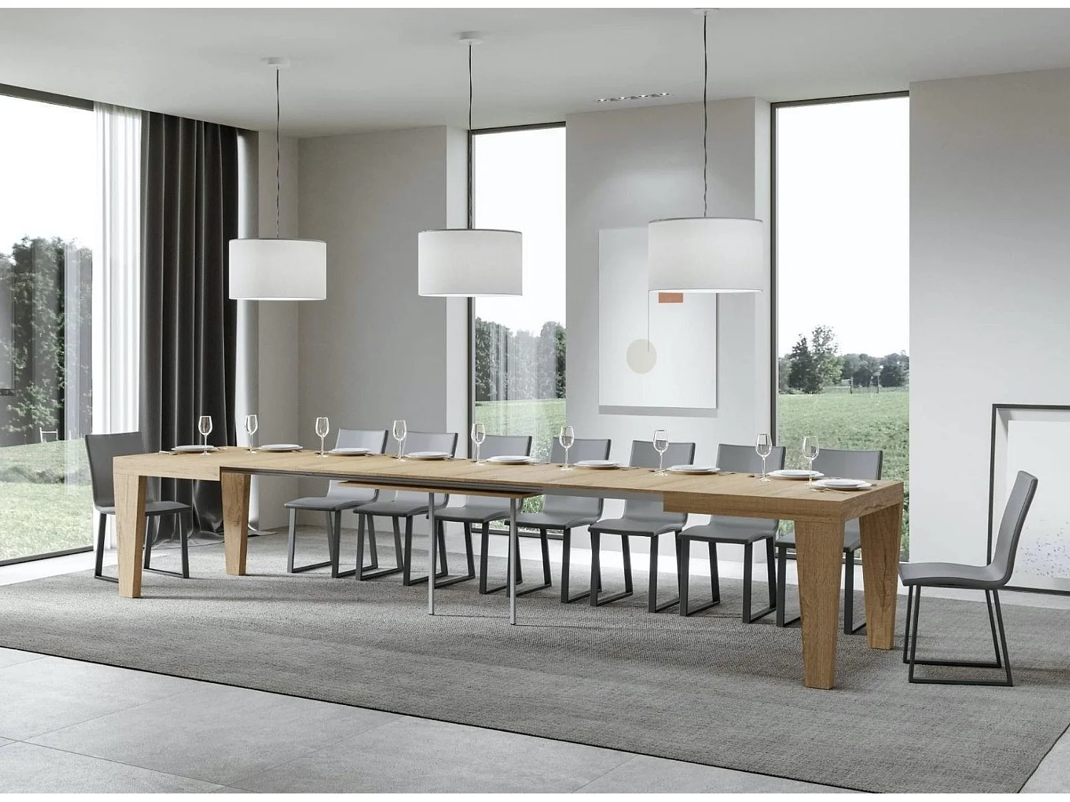 Table extensible 6 à 20 places chêne naturel Kristo 180 à 440cm-Pied et support sur roulettes