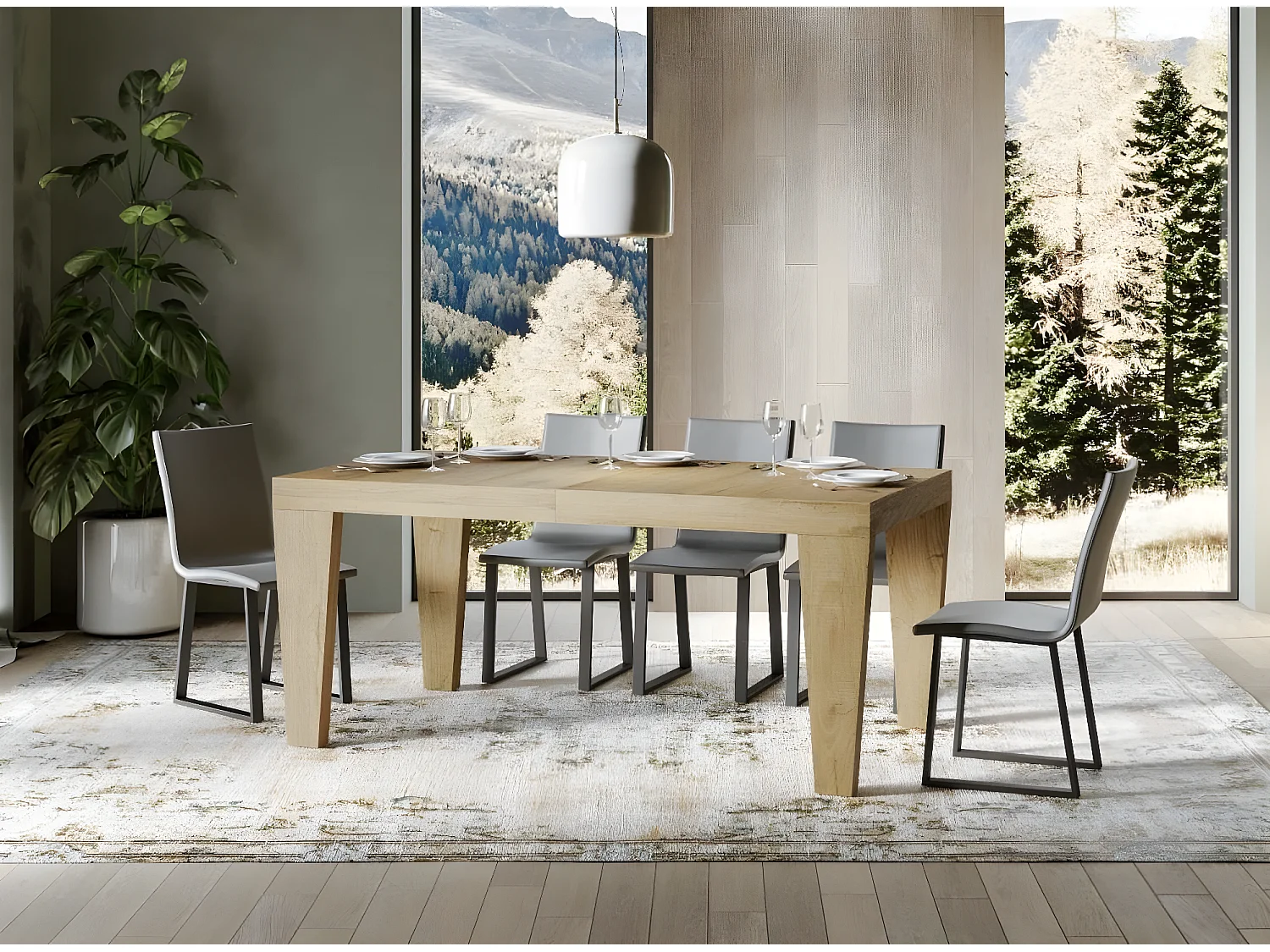 Table extensible 6 à 20 places chêne naturel Kristo 180 à 440cm-Pied et support sur roulettes