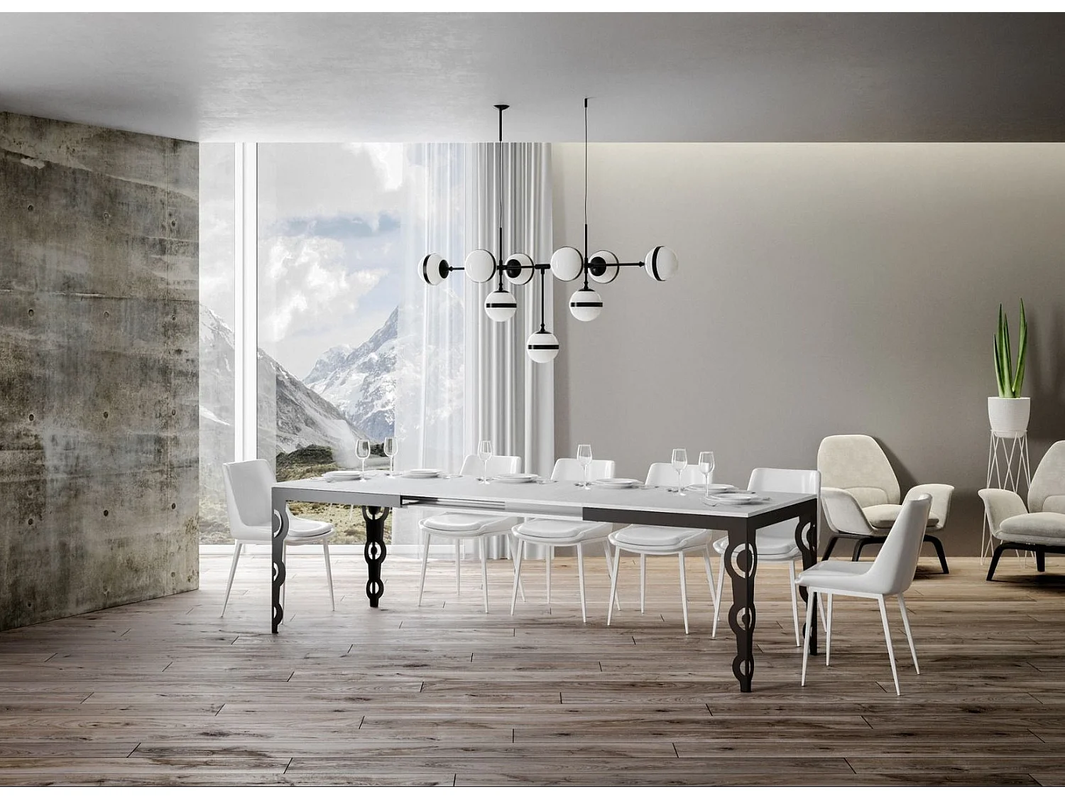 Table rectangulaire extensible orientale 6 à 20 personnes L 160 à 420cm frêne blanc et cadre métal anthracite Zakary