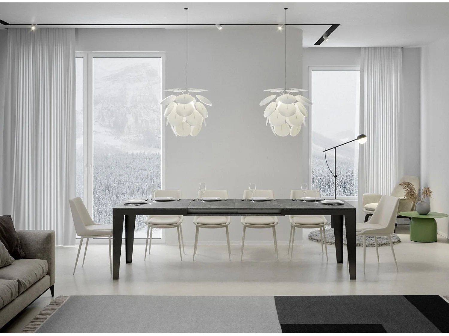 Table rectangulaire extensible 6 à 20 places L 180 à 440cm gris effet béton et pieds acier gris foncé Flavien