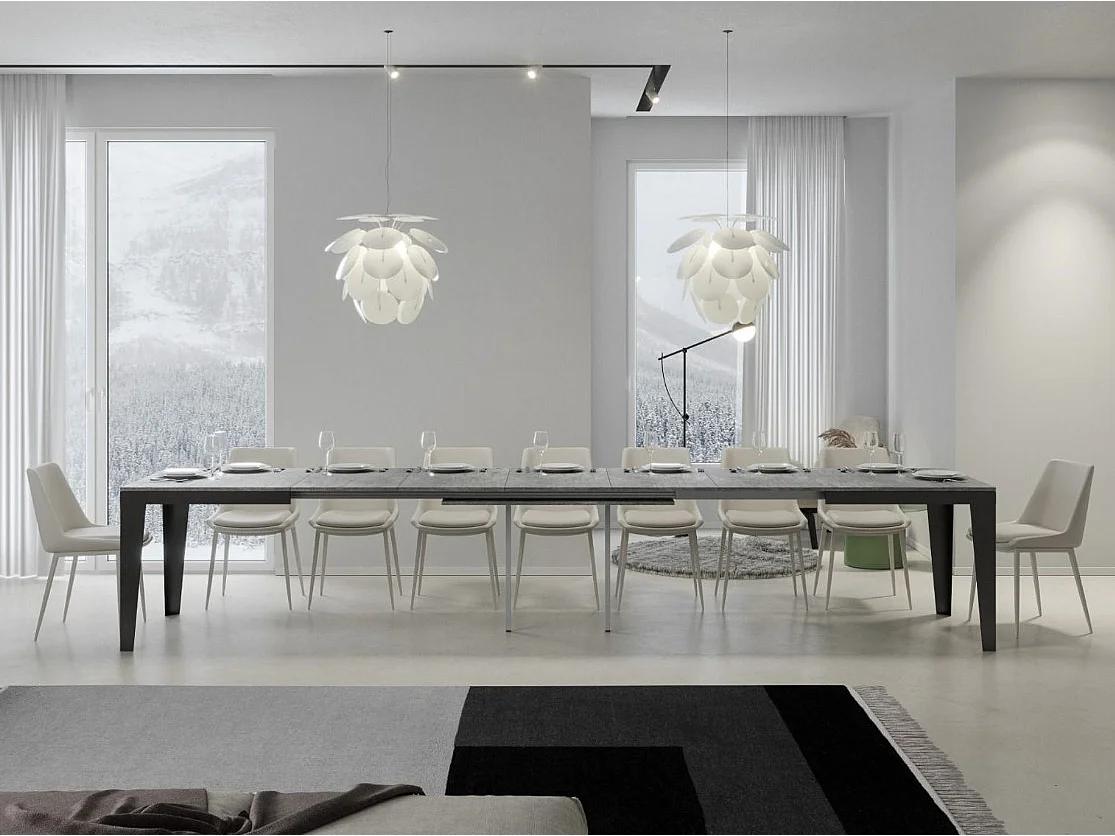 Table rectangulaire extensible 6 à 20 places L 180 à 440cm gris effet béton et pieds acier gris foncé Flavien