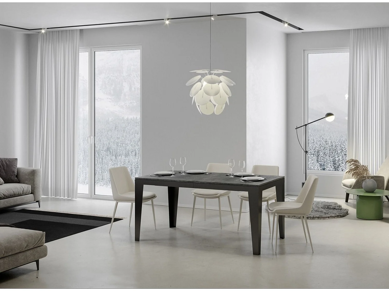 Table rectangulaire extensible 6 à 20 places L 180 à 440cm gris effet béton et pieds acier gris foncé Flavien