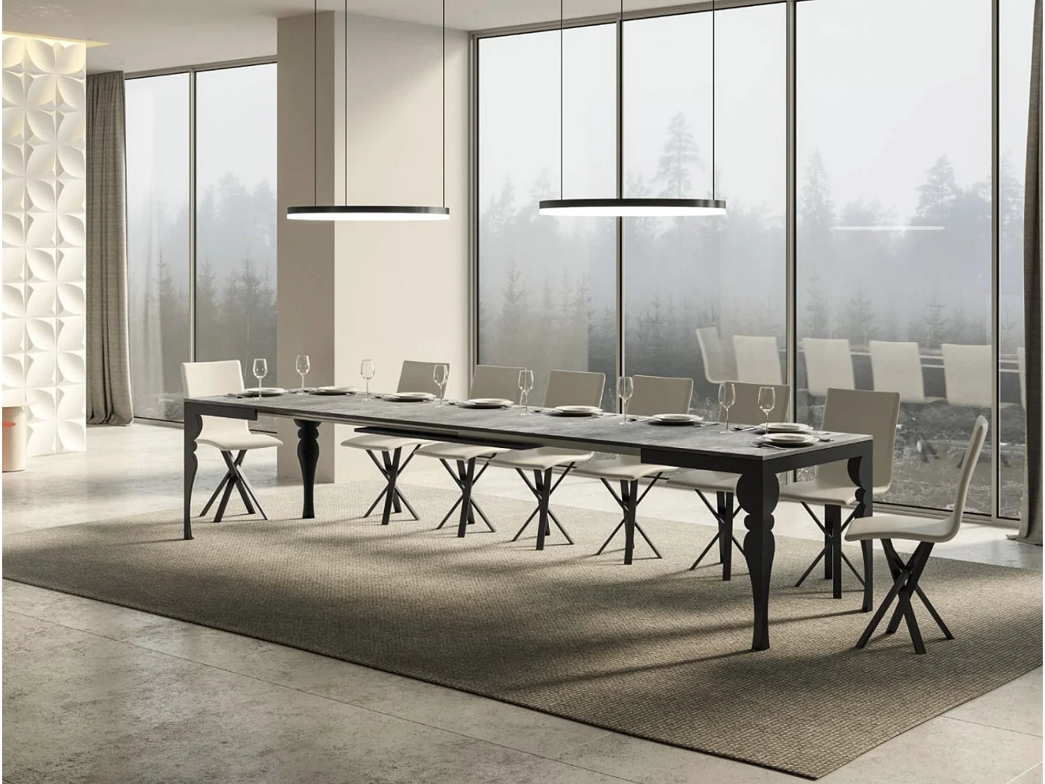 Table extensible 6 à 16 places L 120 à 380cm gris ciment et pieds gris foncé Patone