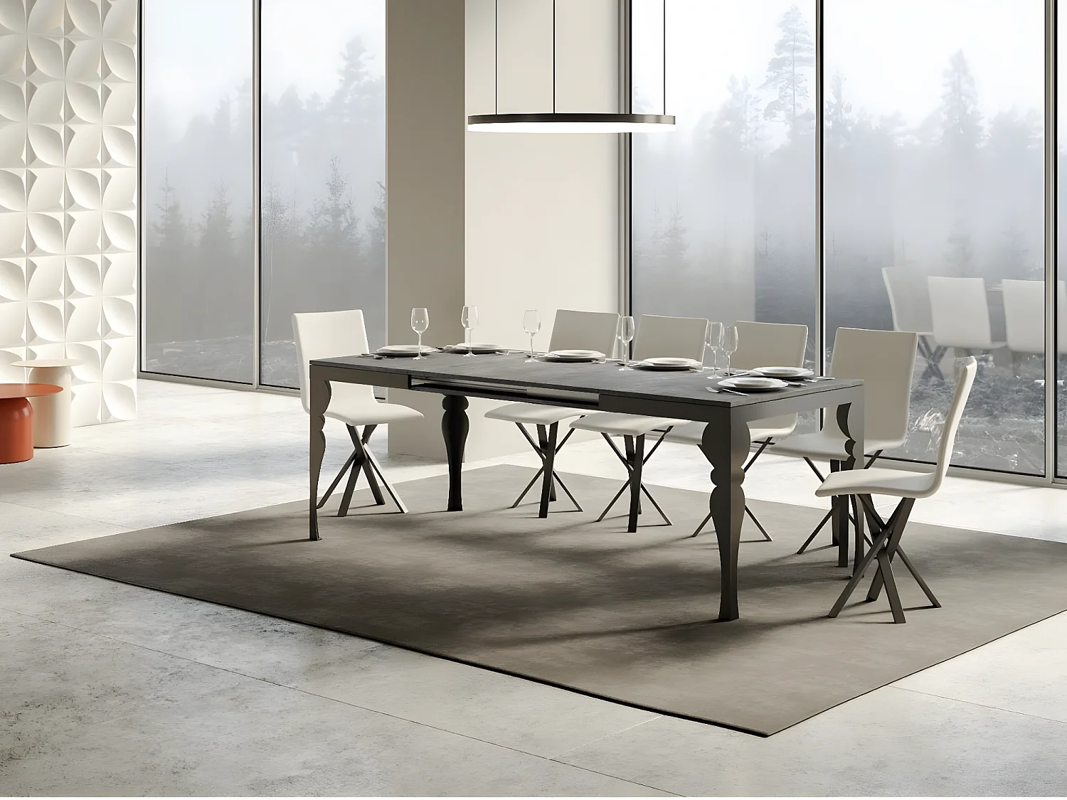 Table extensible 6 à 16 places L 120 à 380cm gris ciment et pieds gris foncé Patone