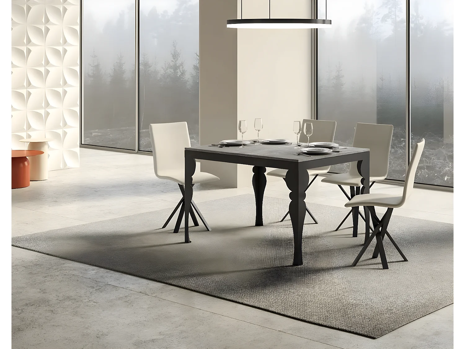 Table extensible 6 à 16 places L 120 à 380cm gris ciment et pieds gris foncé Patone