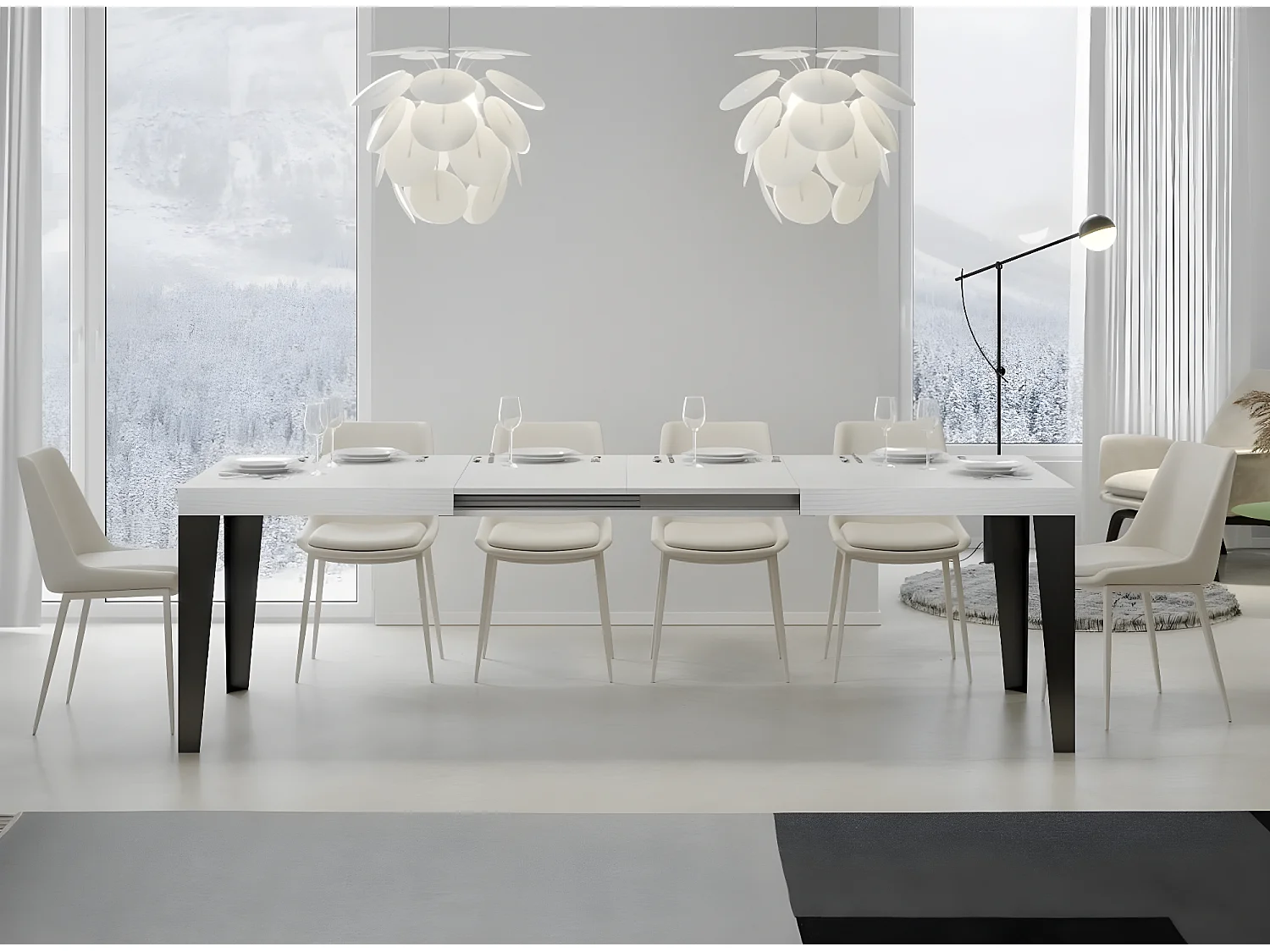 Rechthoekige uitschuifbare tafel 6 tot 12 plaatsen L 160 tot 264 cm wit en antraciet metalen poten Flavio