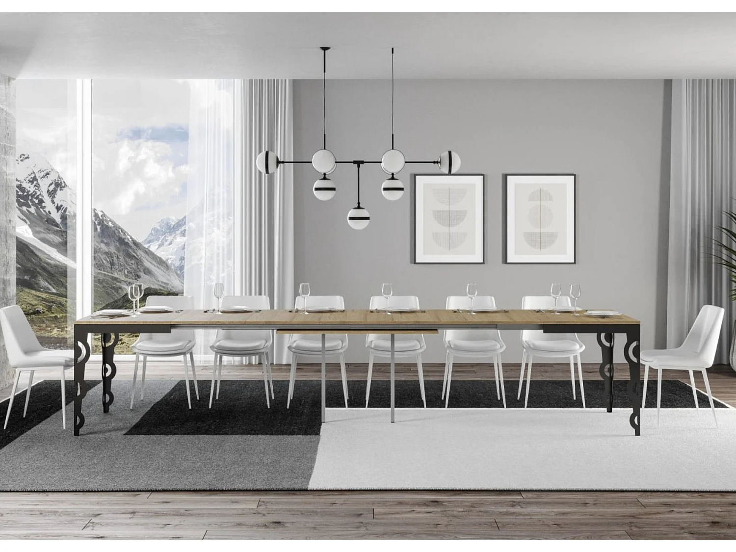 Mesa extensible rectangular para 6 a 16 personas L 120 a 380 cm estructura de metal roble claro y antracita Zakary