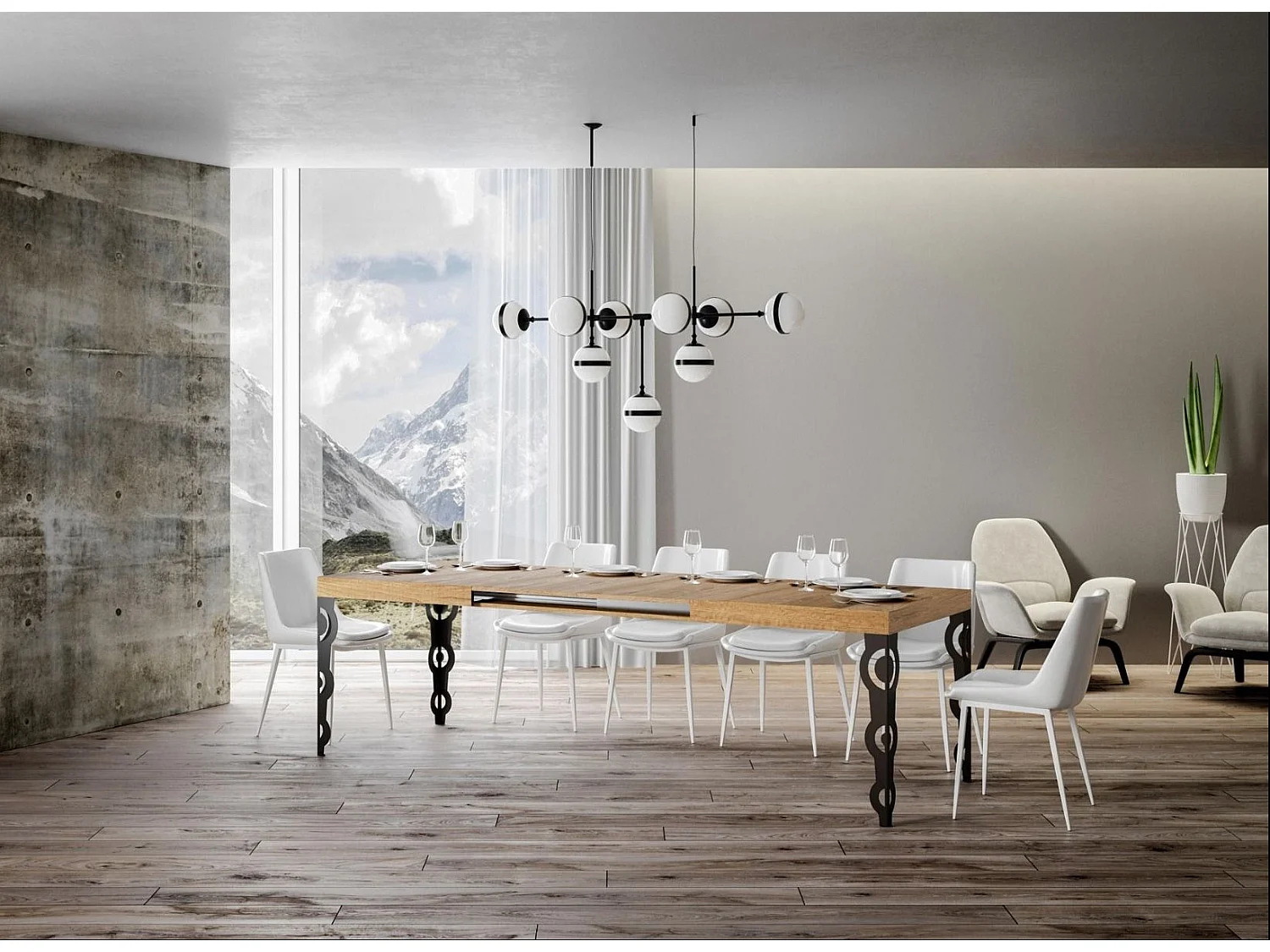 Mesa extensible rectangular para 6 a 16 personas L 120 a 380 cm estructura de metal roble claro y antracita Zakary