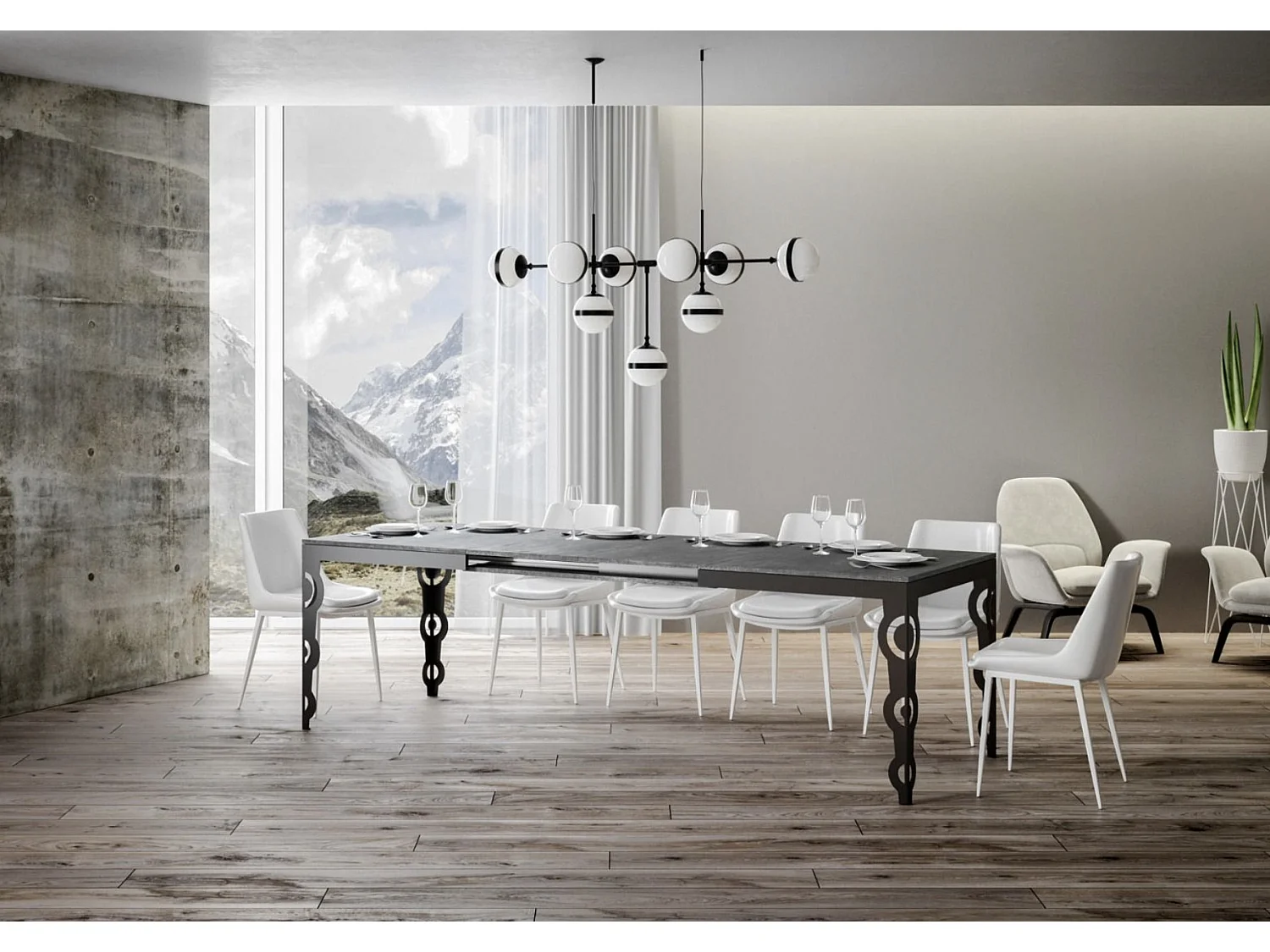 Table rectangulaire extensible 6 à 16 personnes L 120 à 380cm gris béton et cadre métal anthracite Zakary