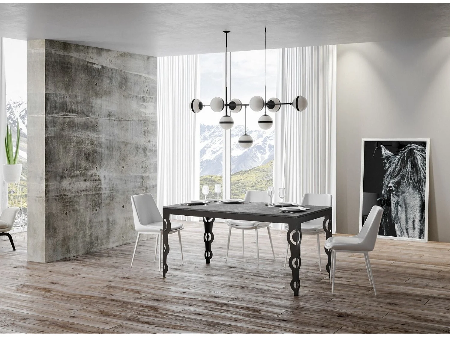 Table rectangulaire extensible 6 à 16 personnes L 120 à 380cm gris béton et cadre métal anthracite Zakary