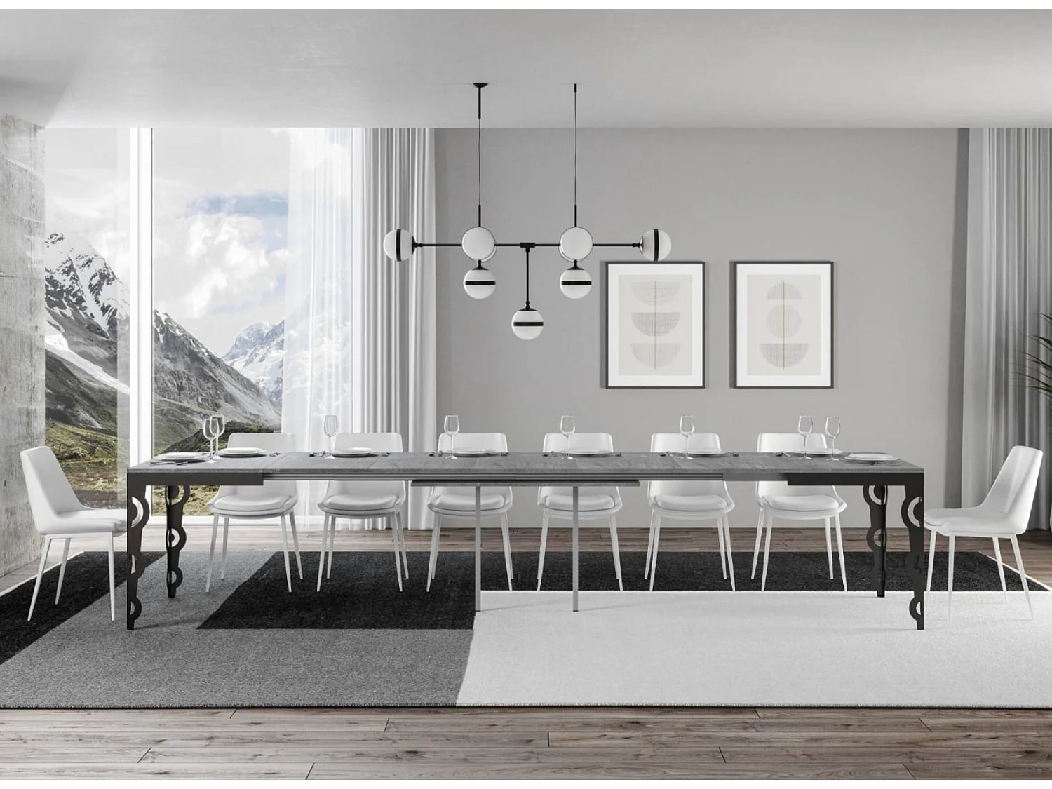 Rechthoekige uitschuifbare tafel voor 6 tot 16 personen L 120 tot 380 cm betongrijs en antraciet metalen frame Zakary