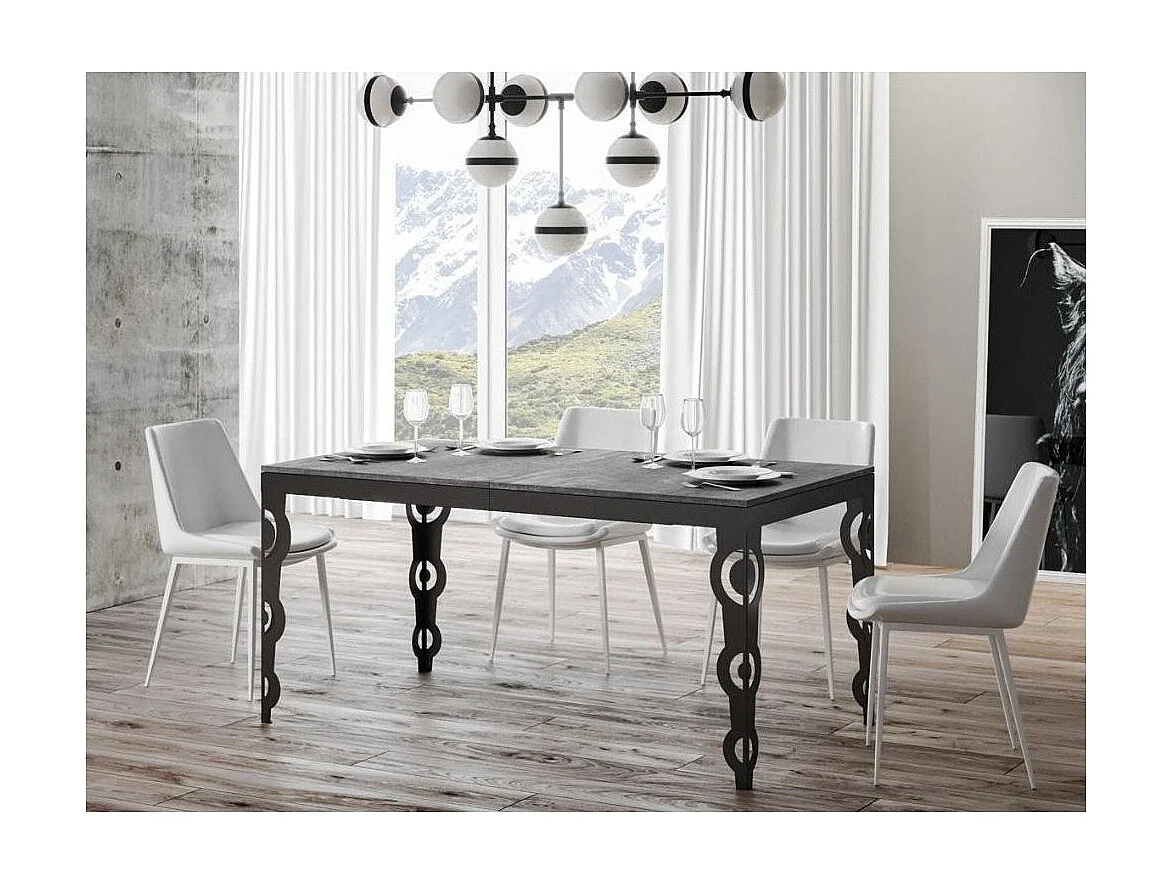 Rechthoekige uitschuifbare tafel voor 6 tot 16 personen L 120 tot 380 cm betongrijs en antraciet metalen frame Zakary