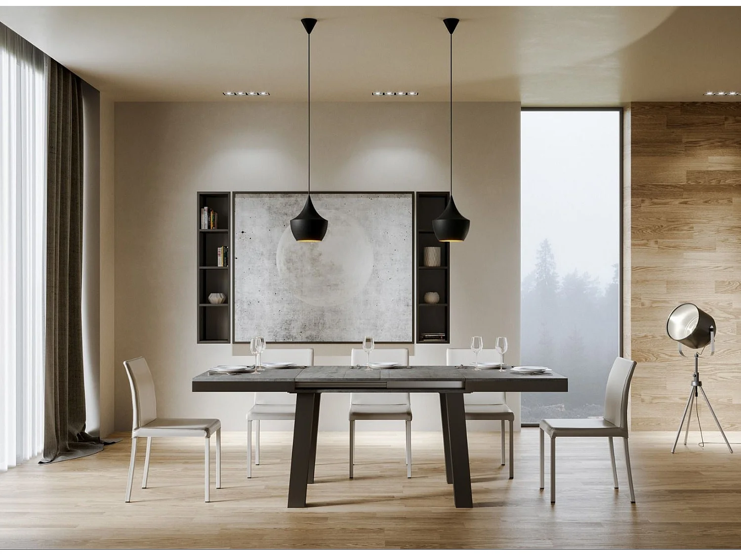 Uitschuifbare tafel 6 tot 10 plaatsen L 120 tot 224 cm betongrijs en antraciet metalen frame Bidy