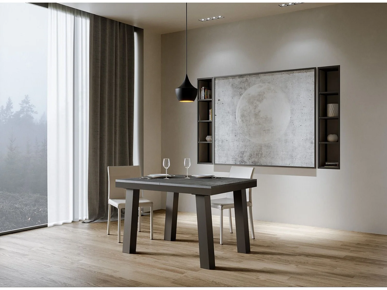 Uitschuifbare tafel 6 tot 10 plaatsen L 120 tot 224 cm betongrijs en antraciet metalen frame Bidy