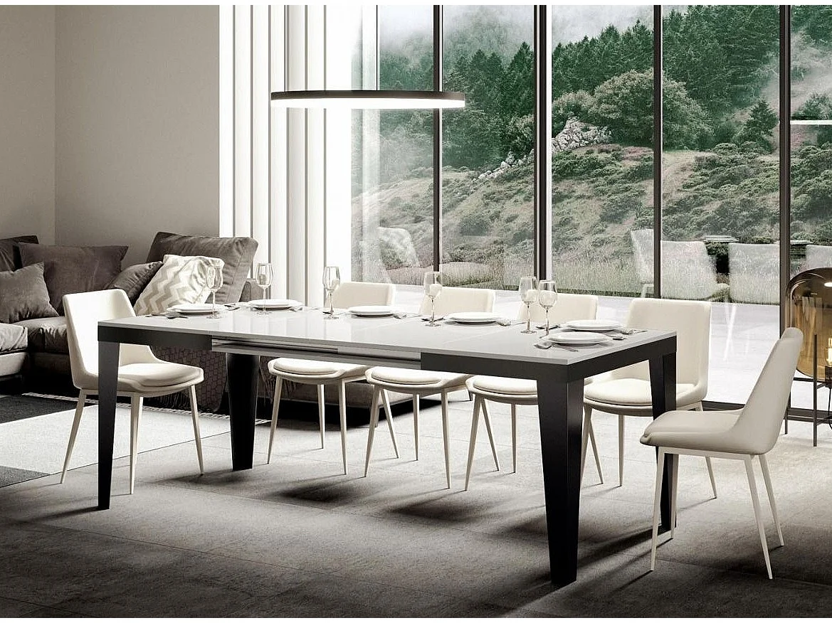 Table rectangulaire extensible 6 à 10 places L 120 à 224cm blanc laqué et pieds acier gris foncé Flavien