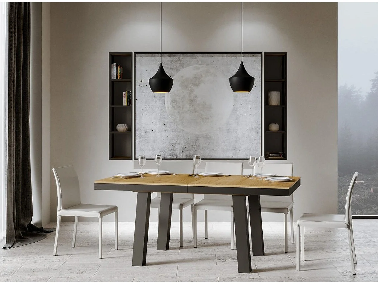 Mesa extensible Bidy de 8 a 20 plazas L 180 a 440 cm madera clara y estructura de metal antracita