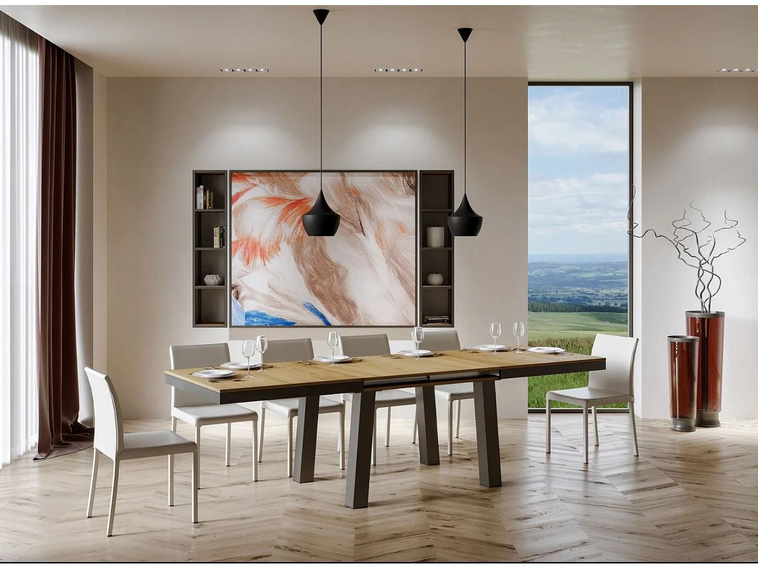 Mesa extensible Bidy de 8 a 20 plazas L 180 a 440 cm madera clara y estructura de metal antracita