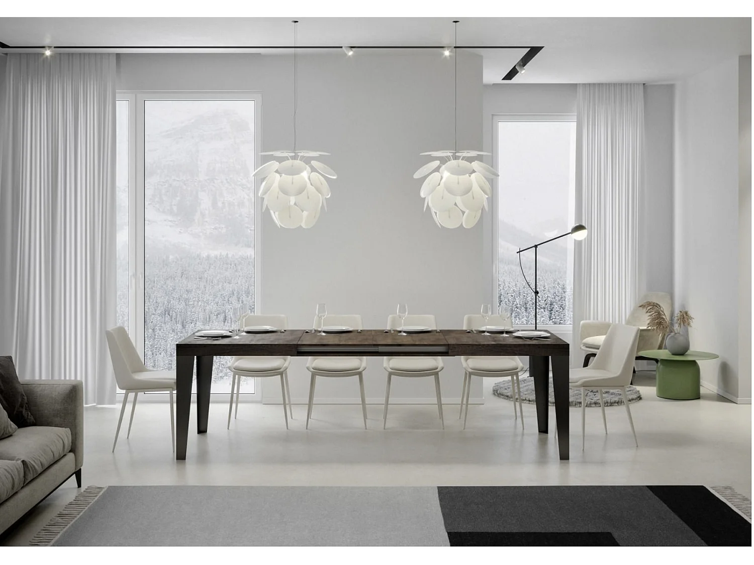 Mesa de comedor extensible Flavio-Color Marrón-Soporte 2 pies-Alargaderas -Ancho extensible