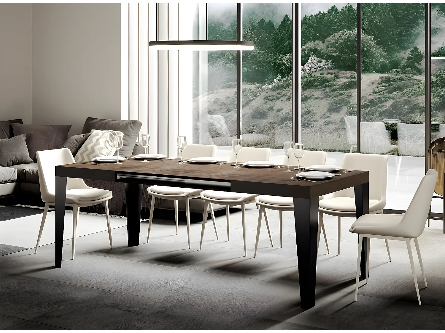 Table rectangulaire extensible 6 à 10 places L 130 à 234cm noyer et pieds métal anthracite Flavio