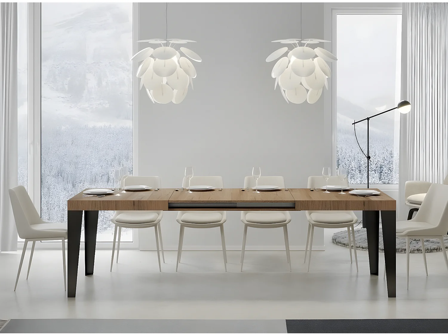 Table rectangulaire extensible 8 à 14 places L 180 à 284cm chêne clair et pieds métal anthracite Flavio