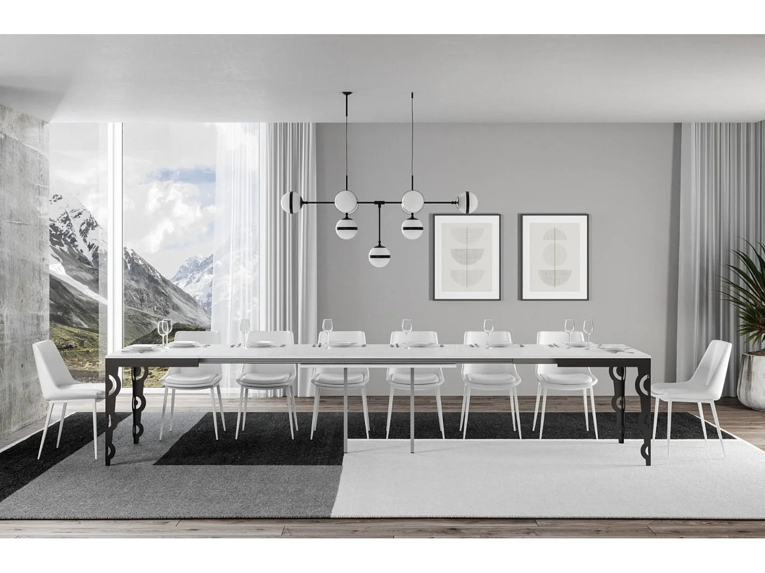 Table rectangulaire extensible 6 à 16 personnes L 120 à 380cm blanc et cadre métal anthracite Zakary