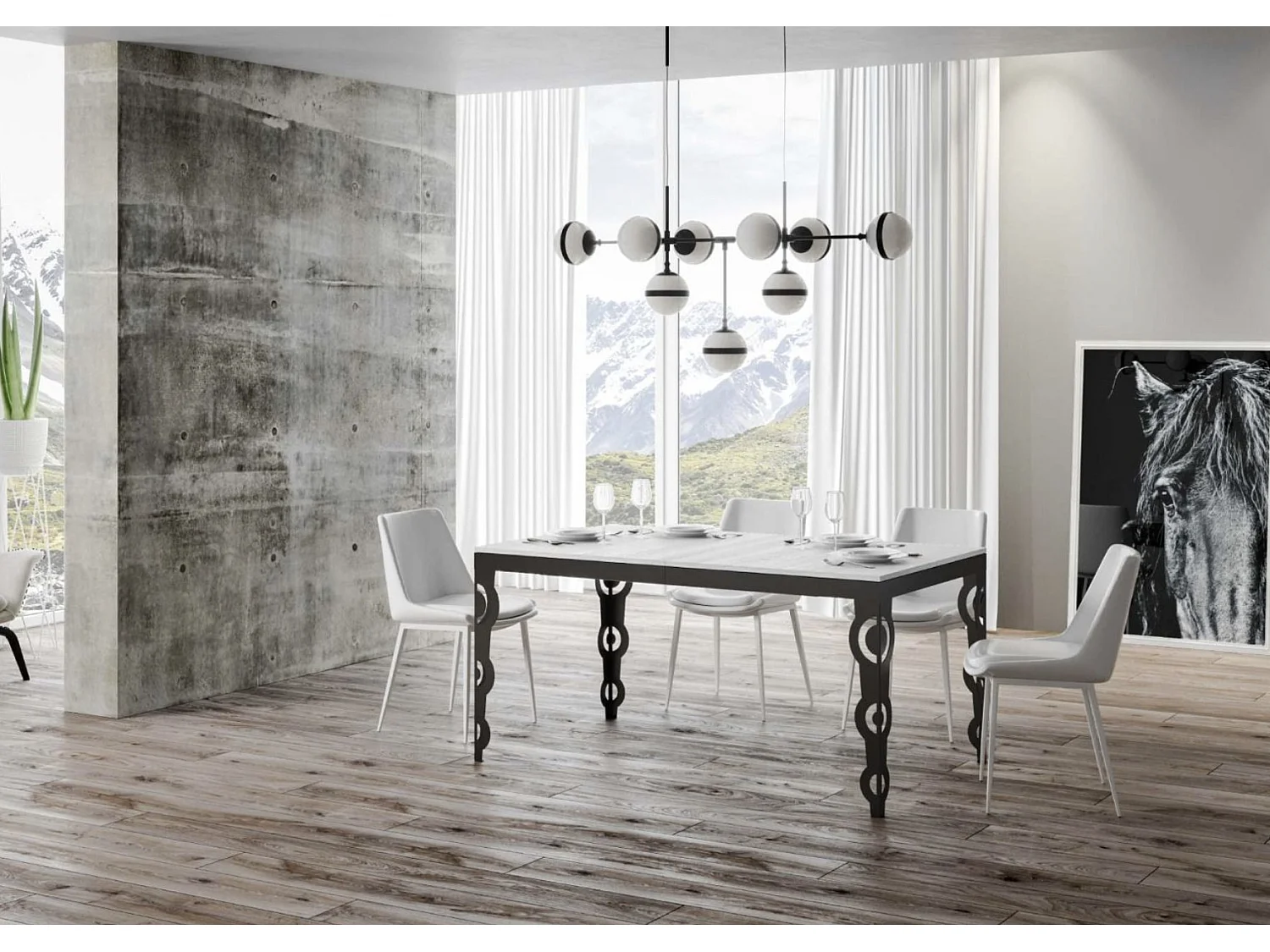 Table rectangulaire extensible 6 à 16 personnes L 120 à 380cm blanc et cadre métal anthracite Zakary