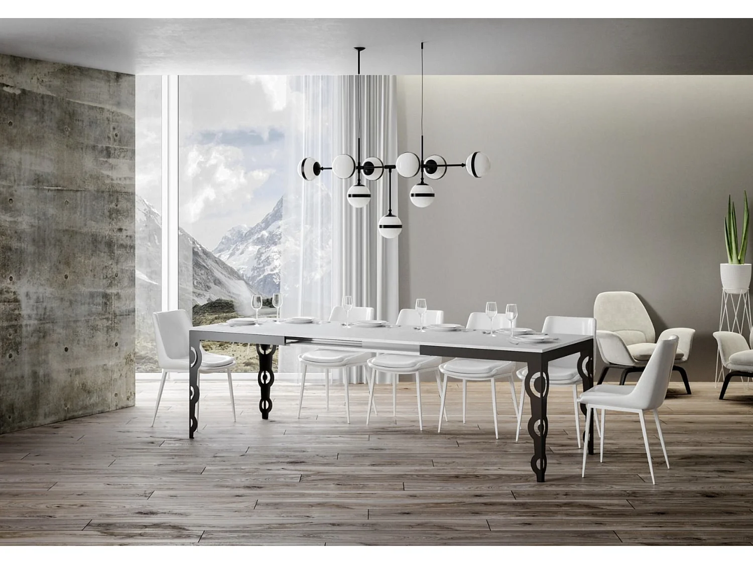 Table rectangulaire extensible 6 à 16 personnes L 120 à 380cm blanc et cadre métal anthracite Zakary