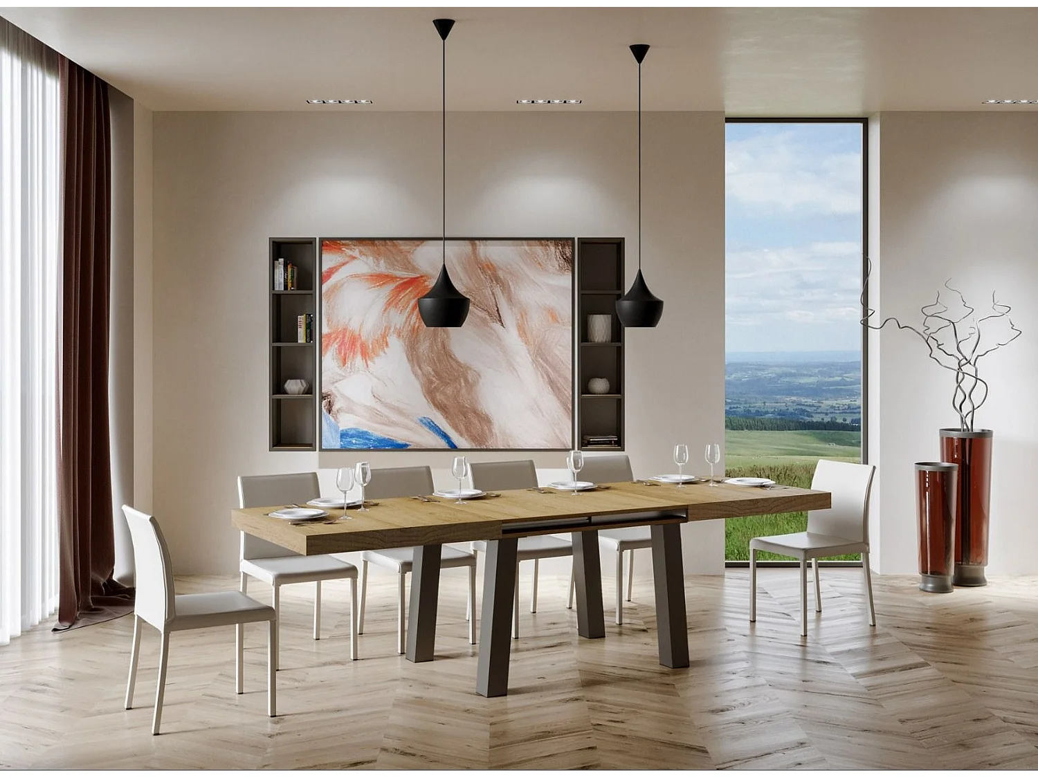 Table extensible 6 à 14 places L 180 à 284cm bois clair et pieds métal anthracite Bidy