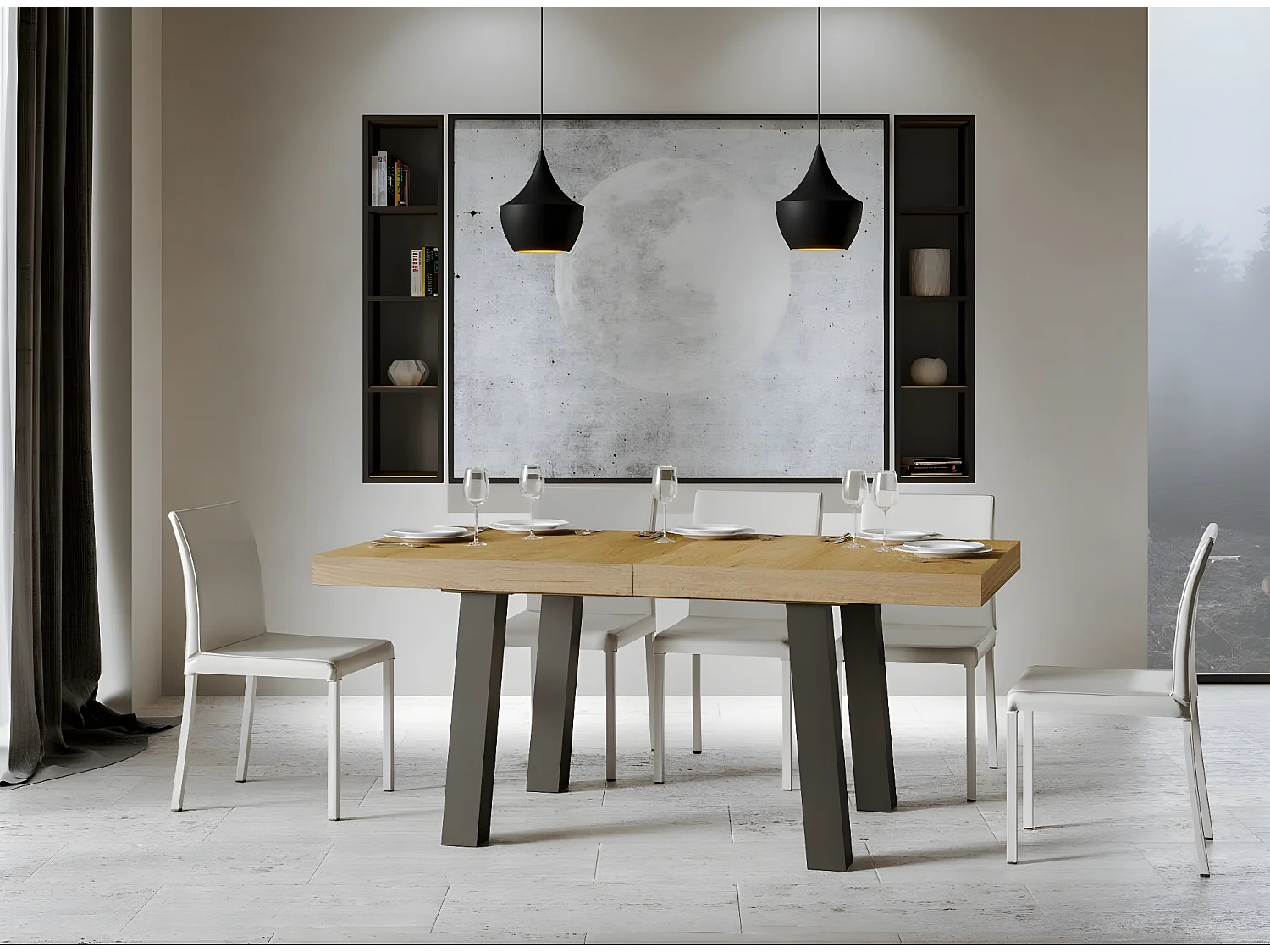 Table extensible 6 à 14 places L 180 à 284cm bois clair et pieds métal anthracite Bidy