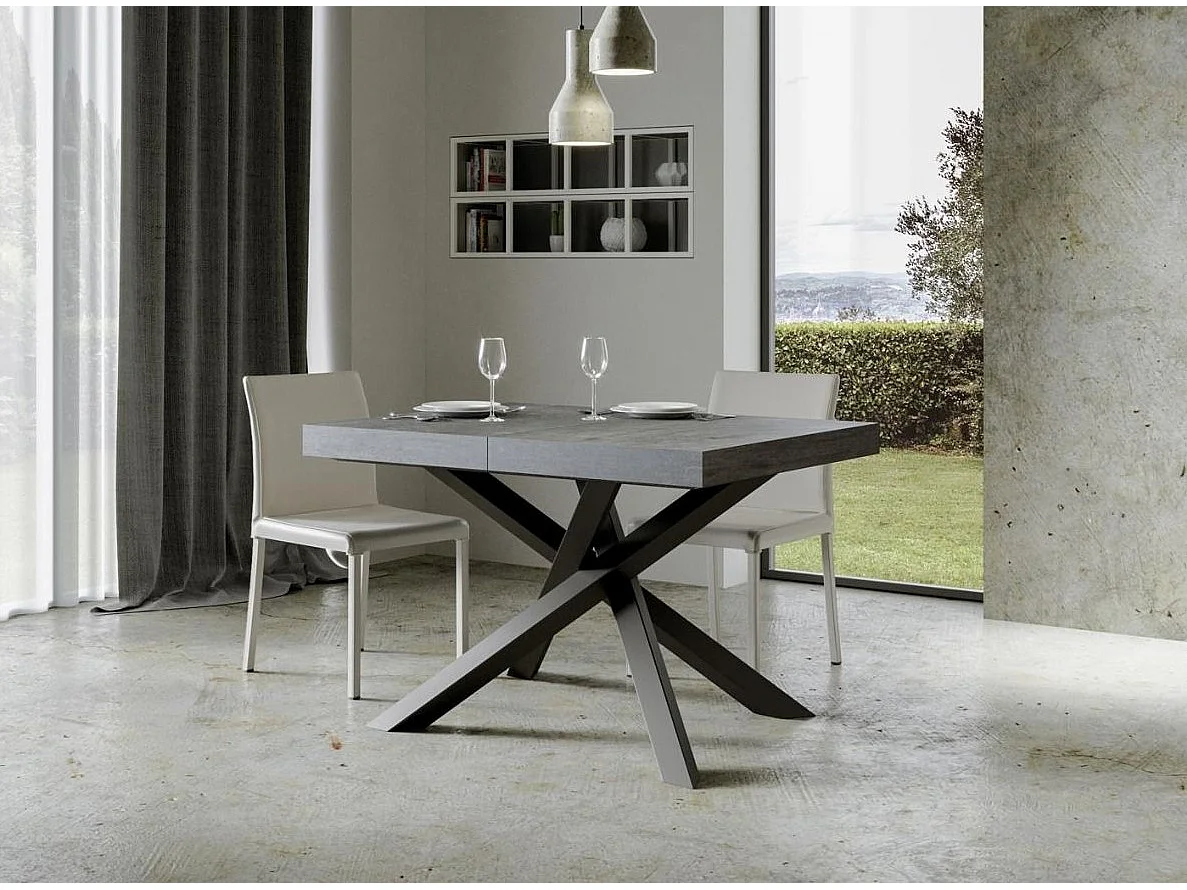 Table extensible 4 à 18 personnes gris effet béton et pieds entrelacés anthracite L 130 à 390cm Artemis