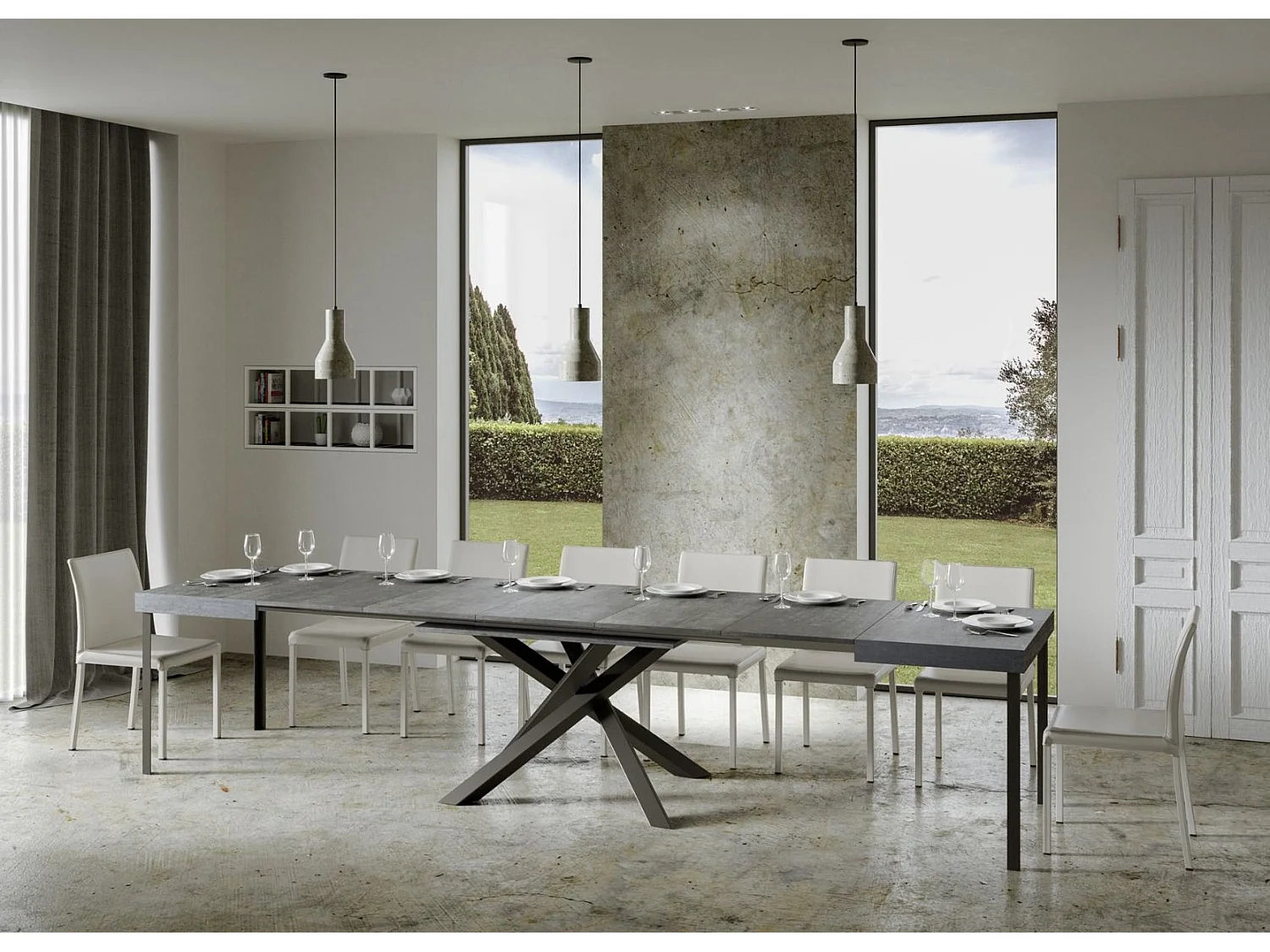 Table extensible 4 à 18 personnes gris effet béton et pieds entrelacés anthracite L 130 à 390cm Artemis