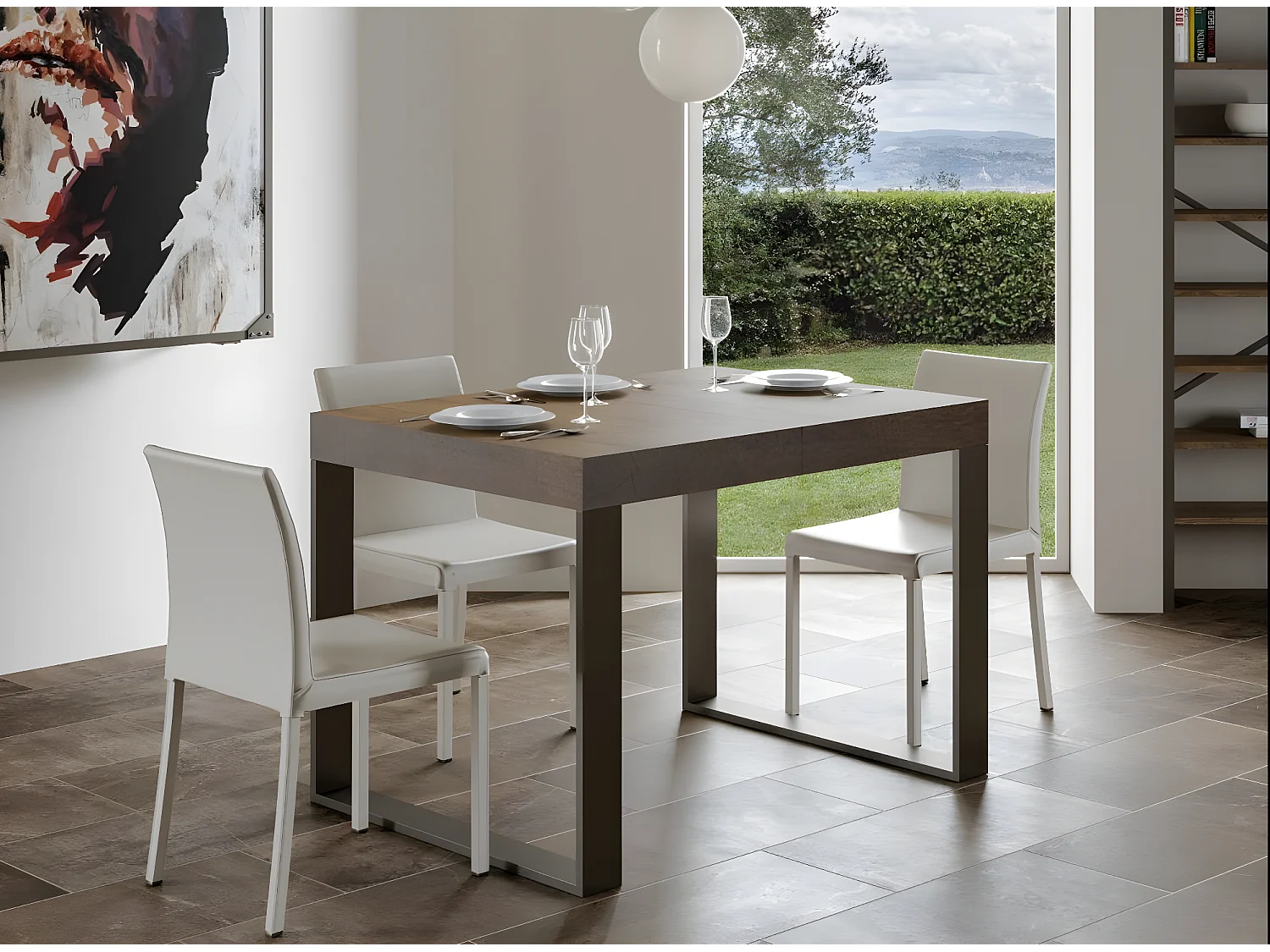 Mesa de comedor extensible tiroz-Color Marrón-Soporte 2 pies-5 alargaderas finas-Ancho extensible