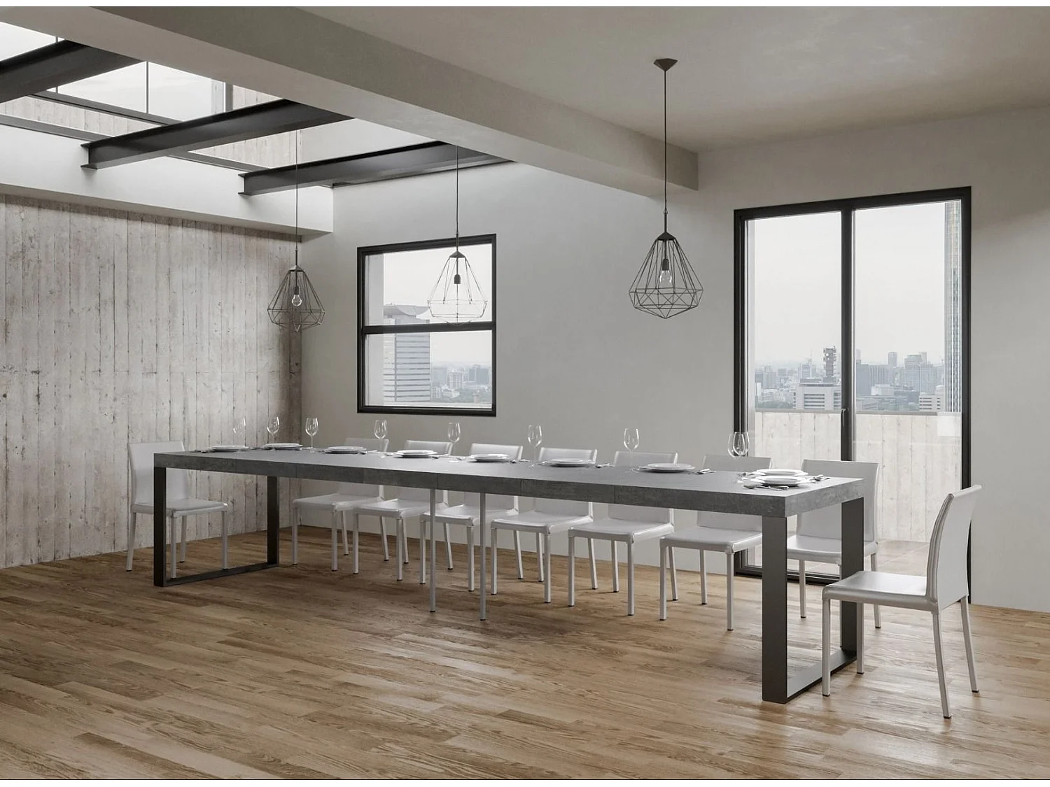 Mesa de comedor extensible tiroz-Color Marrón-Soporte 2 pies-5 alargaderas finas-Ancho extensible