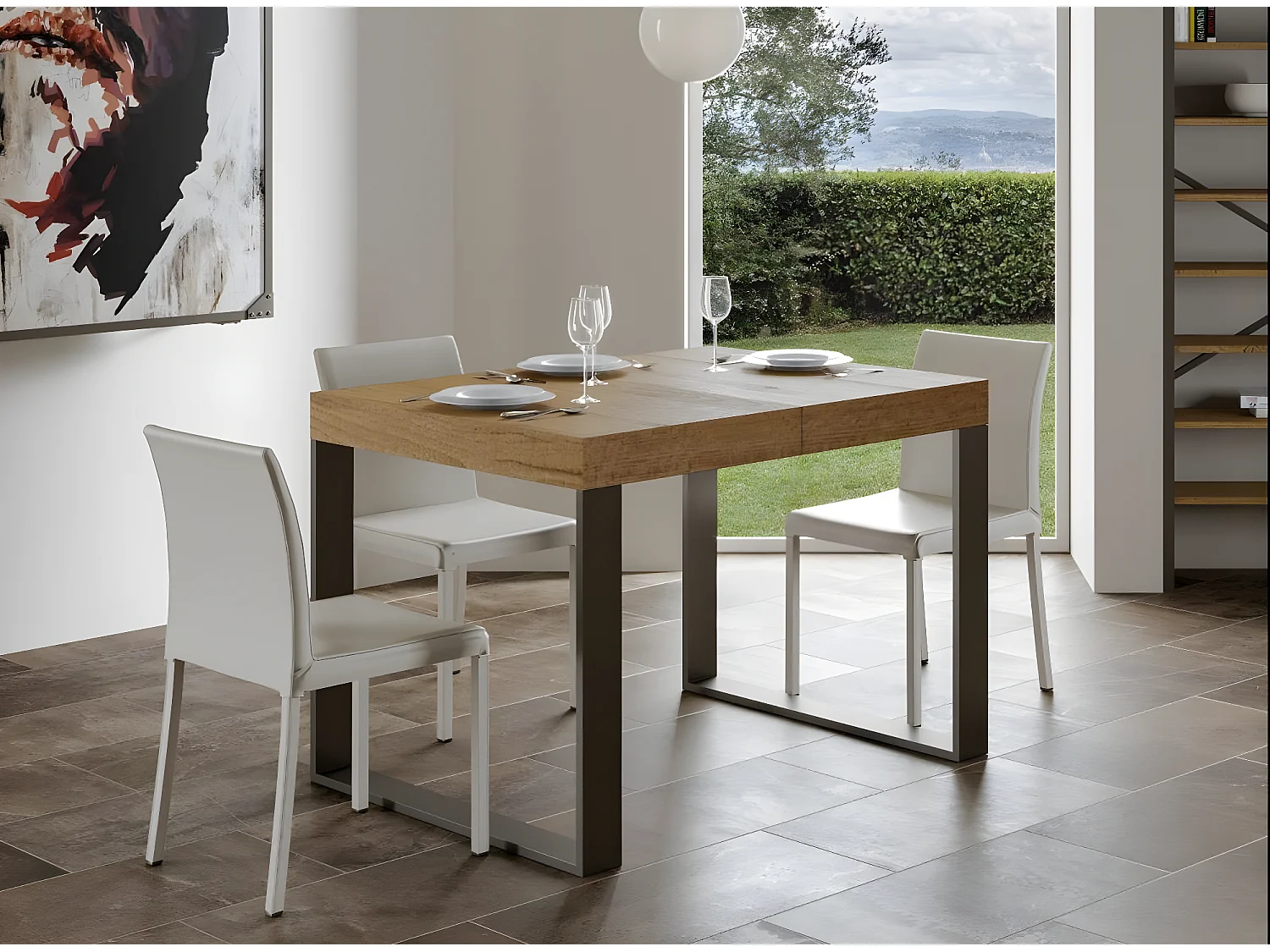 Mesa de comedor extensible tiroz-Color Natural-Soporte 2 pies-5 alargaderas finas-Ancho extensible