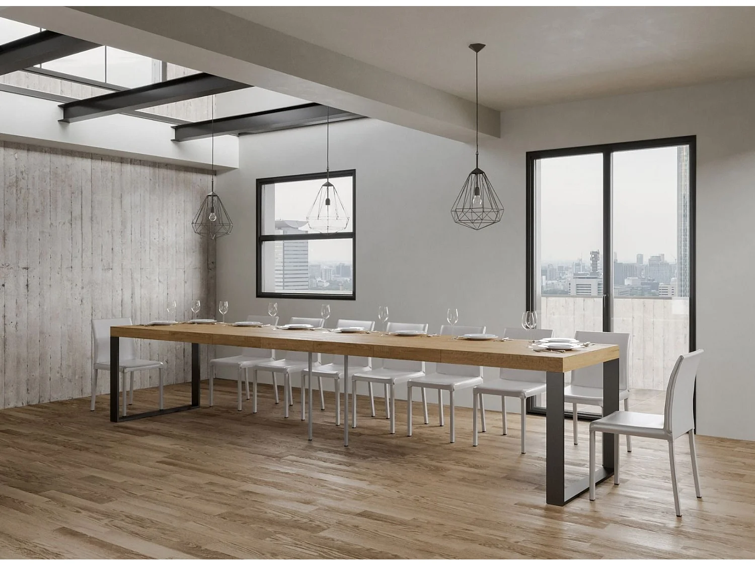 Mesa de comedor extensible tiroz-Color Natural-Soporte 2 pies-5 alargaderas finas-Ancho extensible