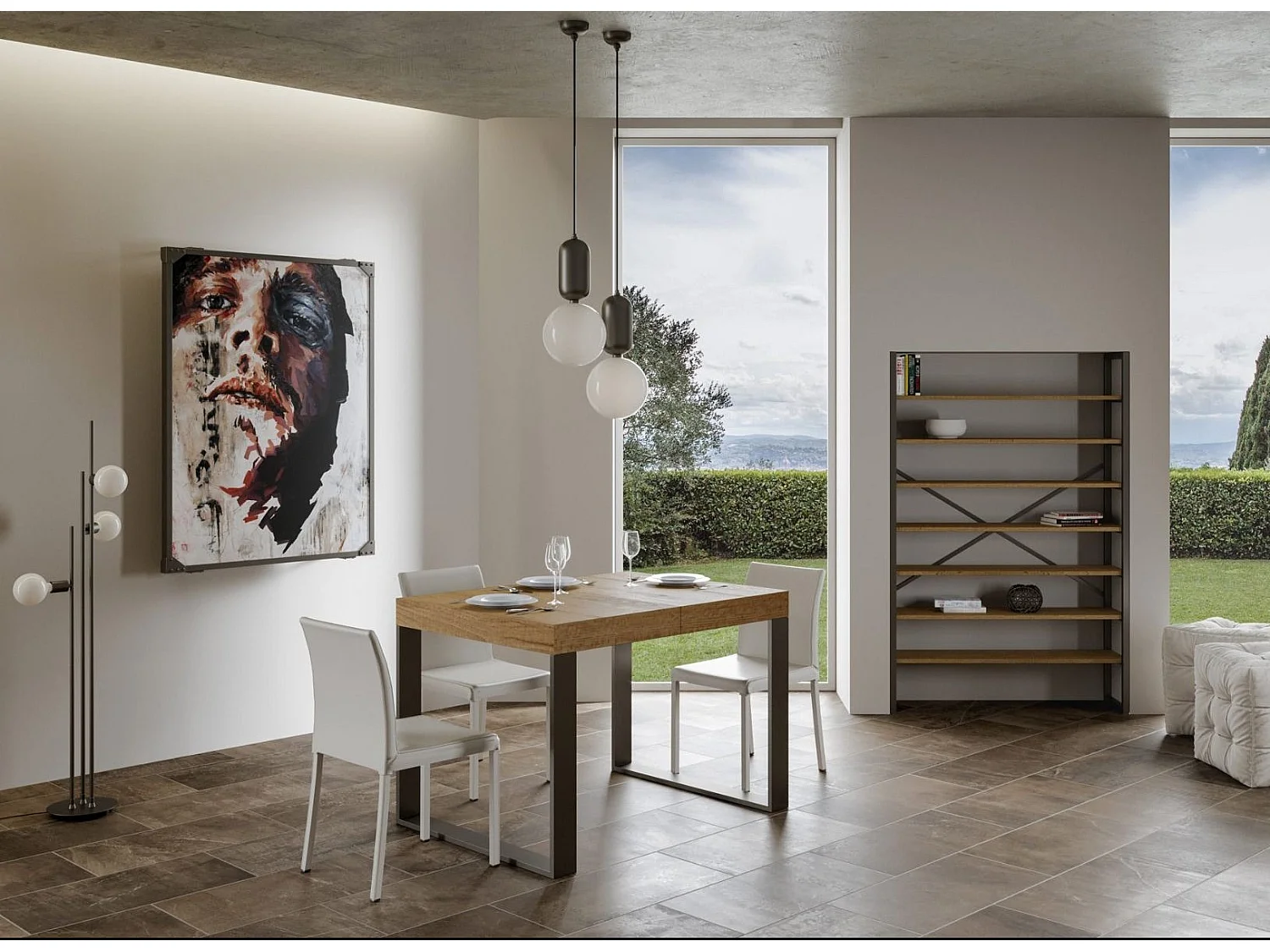 Mesa de comedor extensible tiroz-Color Natural-Soporte 2 pies-5 alargaderas finas-Ancho extensible