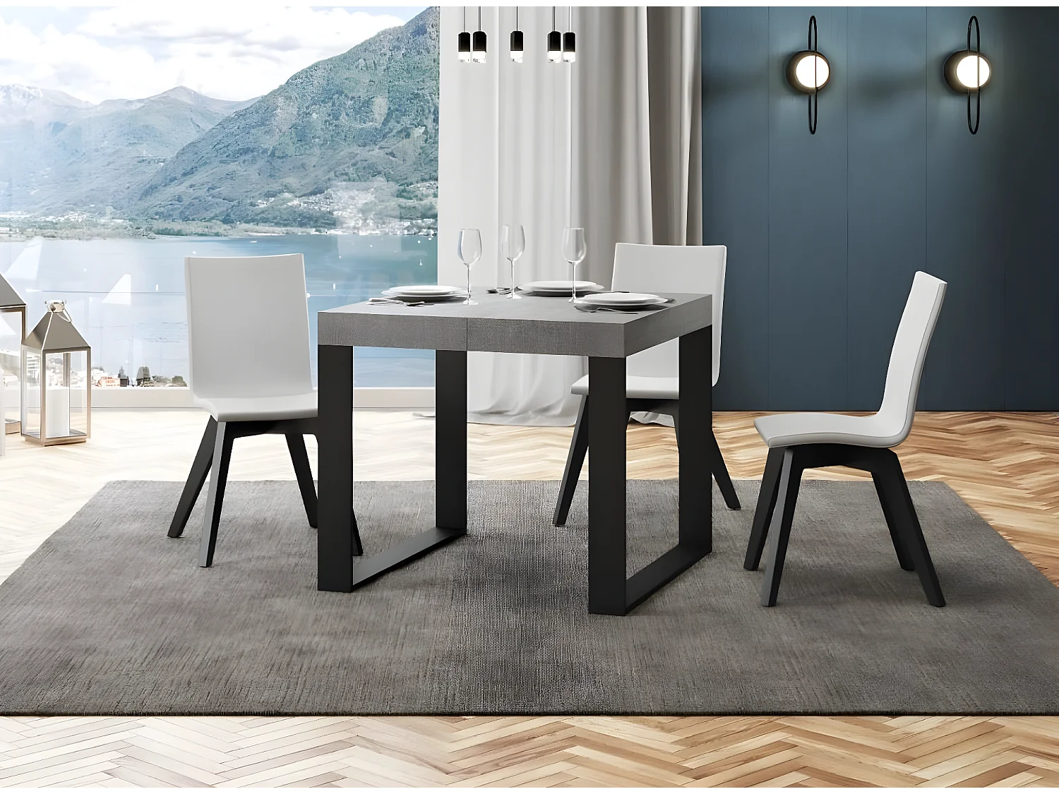 Petite table carrée extensible 90 à 246cm gris béton et pieds métal anthracite Tiroz