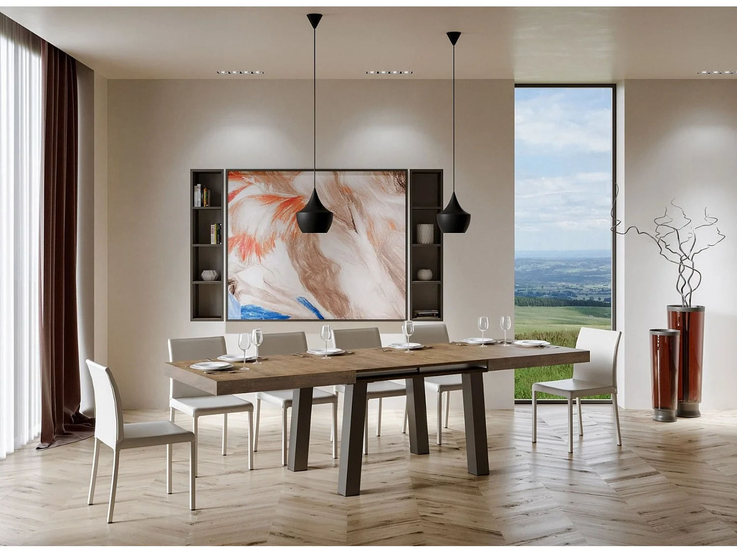 Table extensible 6 à 12 places L 160 à 264cm bois foncé et pieds métal anthracite Bidy