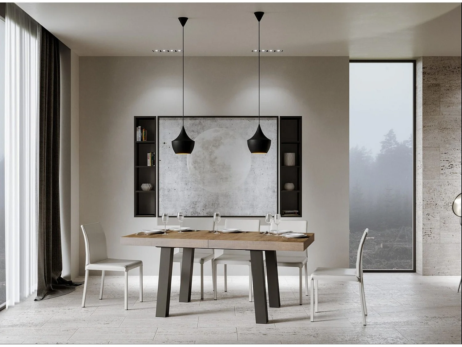 Table extensible 6 à 12 places L 160 à 264cm bois foncé et pieds métal anthracite Bidy