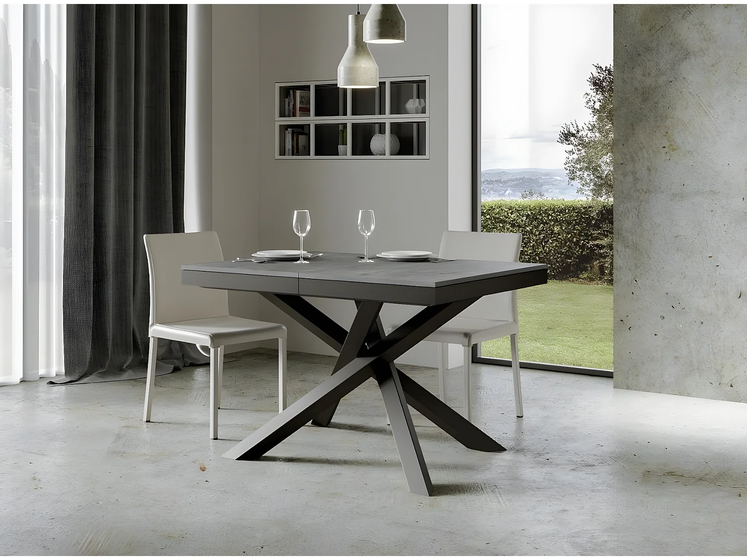 Kleine betongrijze uitschuifbare tafel en antraciet frame 120/224 cm Klass