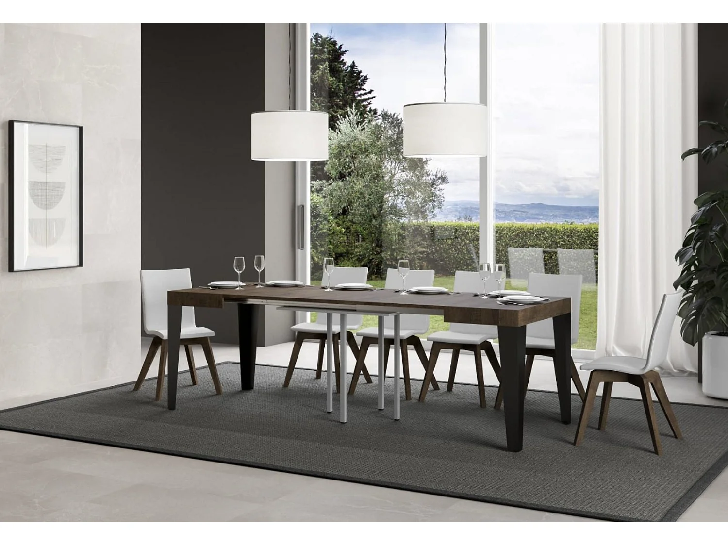 Petite table carrée 90-90cm extensible 10 personnes 90 à 246cm bois noyer et pieds métal anthracite Flavio