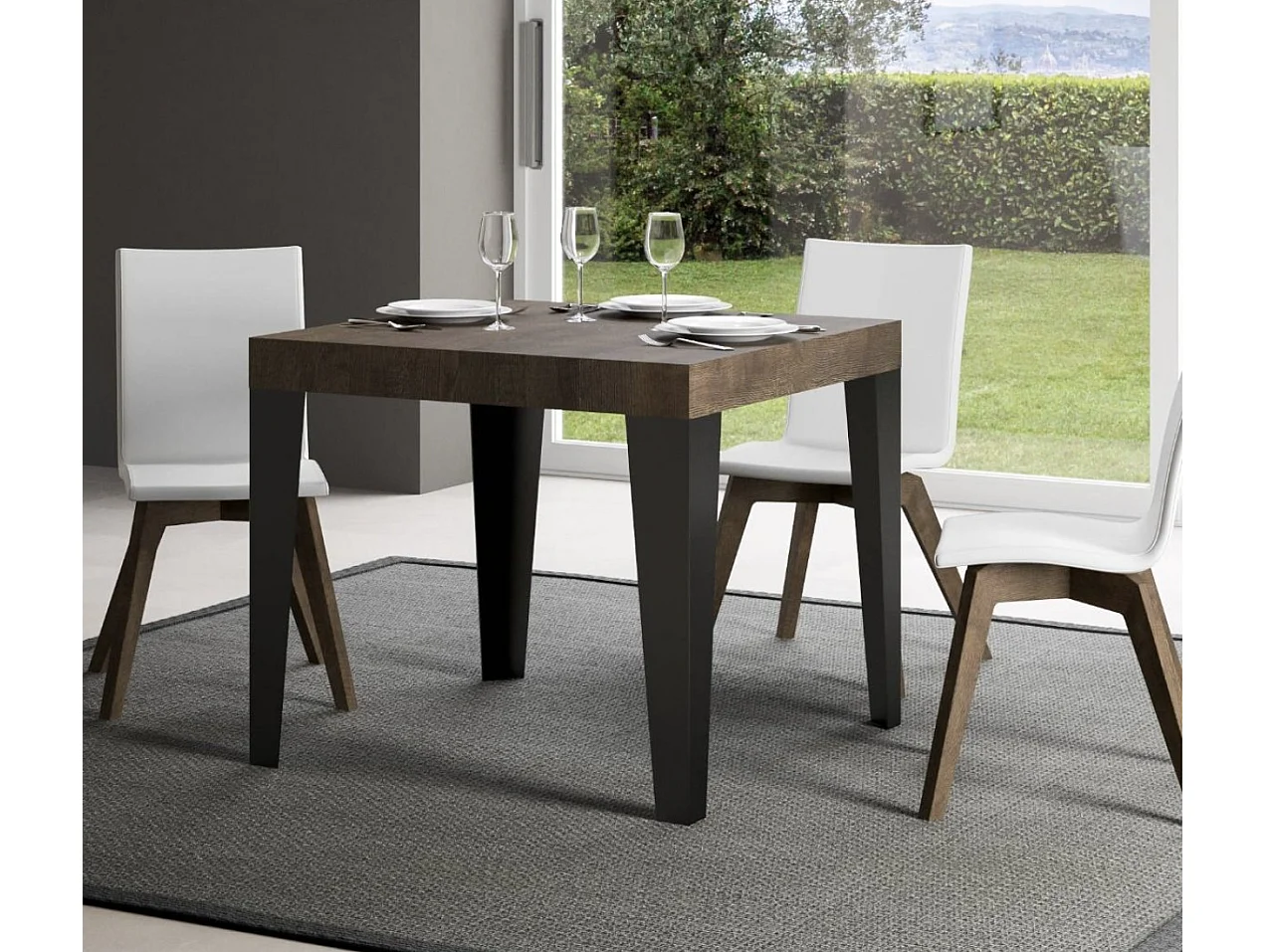 Petite table carrée 90-90cm extensible 10 personnes 90 à 246cm bois noyer et pieds métal anthracite Flavio