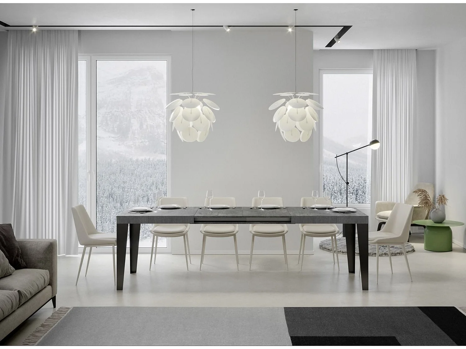 Mesa de comedor extensible Flavio-Color Gris cemento-Soporte 2 pies-5 alargaderas finas-Ancho extensible