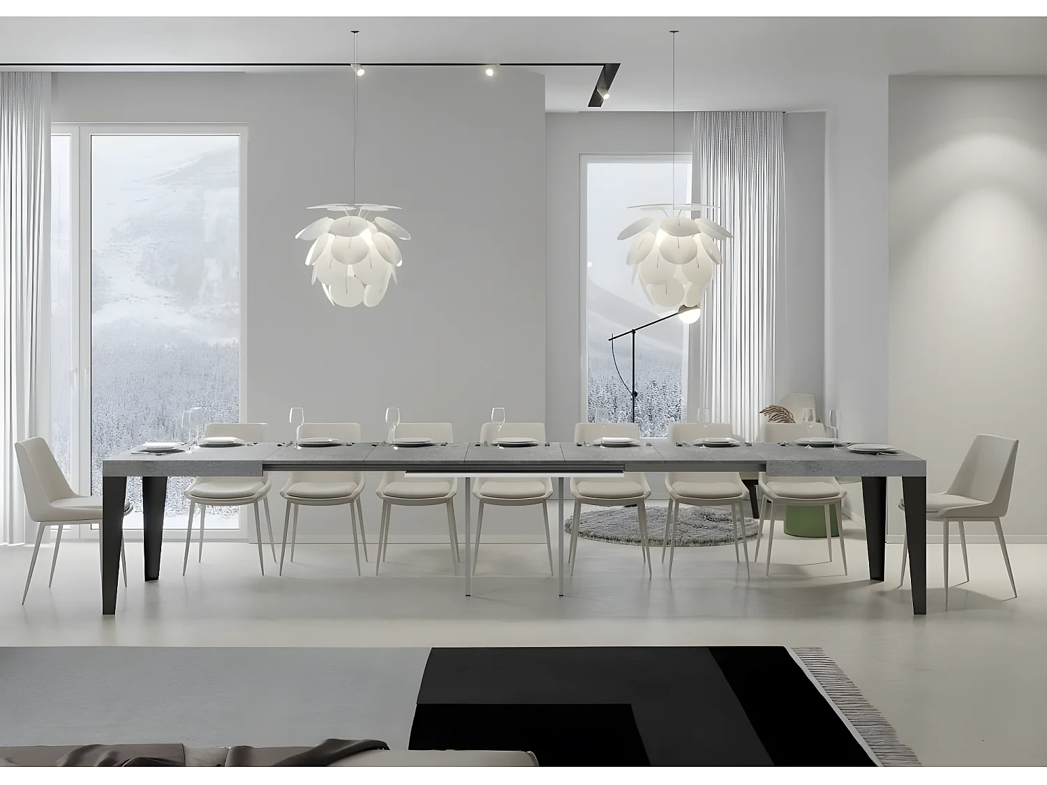 Table rectangulaire extensible 6 à 20 places L 160 à 420cm gris effet béton et pieds métal anthracite Flavio