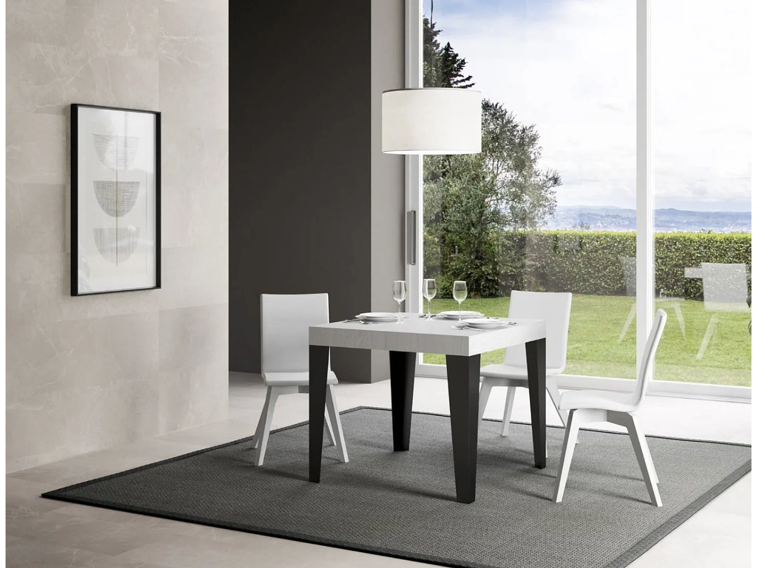 Petite table carrée 90-90cm extensible 10 personnes 90 à 246cm bois blanc et pieds métal anthracite Flavio