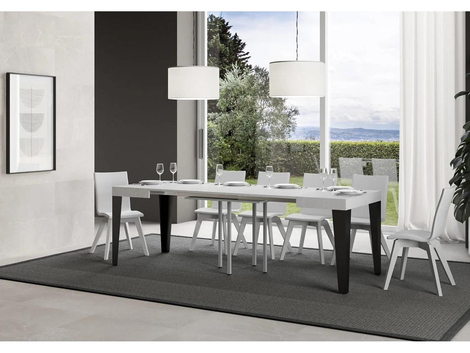 Petite table carrée 90-90cm extensible 10 personnes 90 à 246cm bois blanc et pieds métal anthracite Flavio
