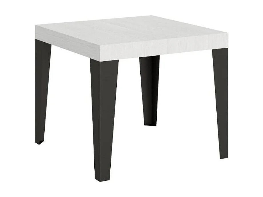 Petite table carrée 90-90cm extensible 10 personnes 90 à 246cm bois blanc et pieds métal anthracite Flavio