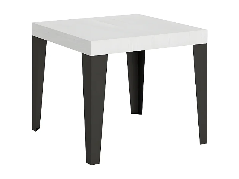 Petite table carrée 90-90cm extensible 10 personnes 90 à 246cm bois blanc et pieds métal anthracite Flavio
