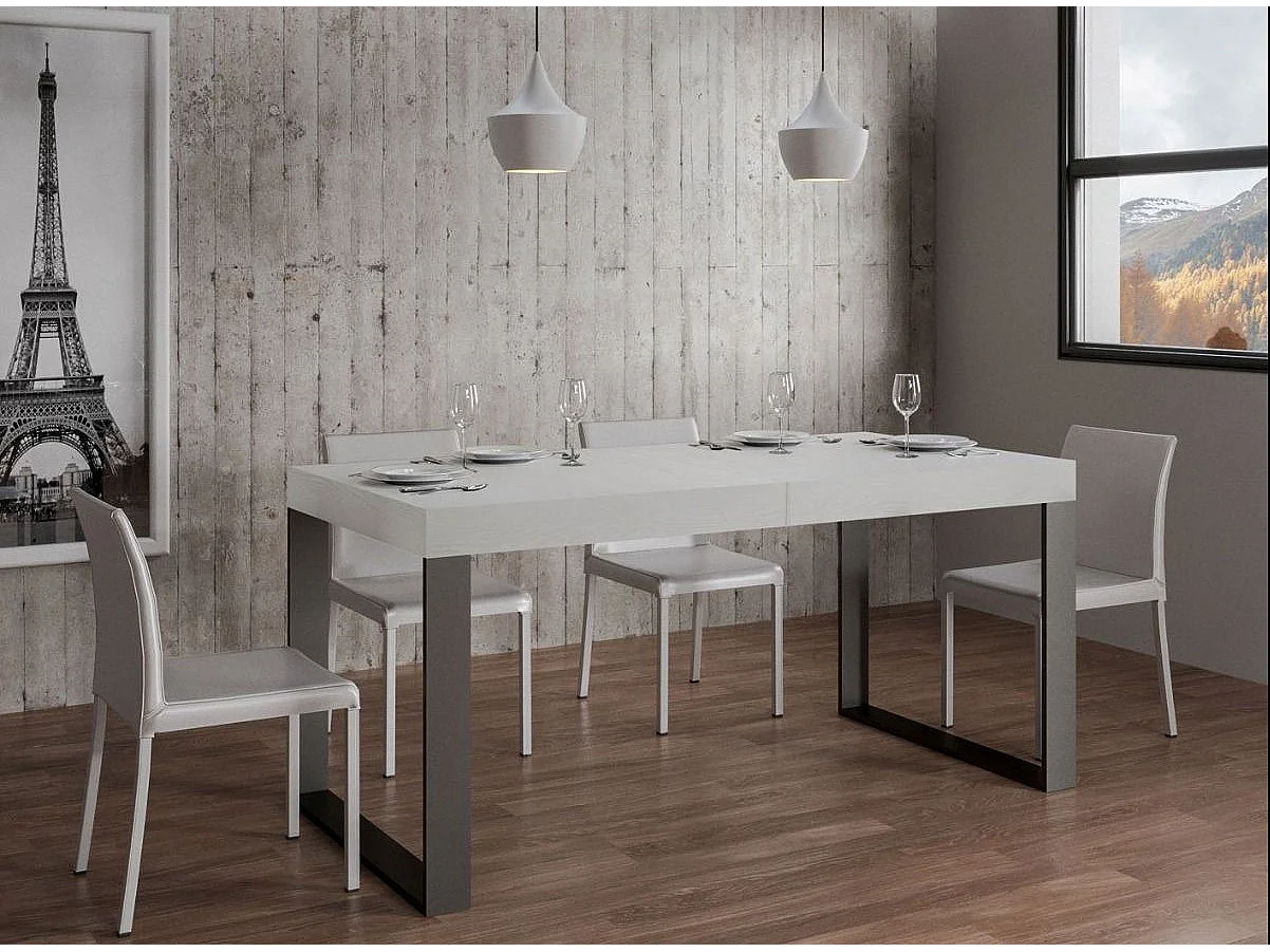 Grande table extensible 180 à 440cm blanche et pieds métal anthracite Tiroz-Support 4 pieds-5 rallonges épaisses