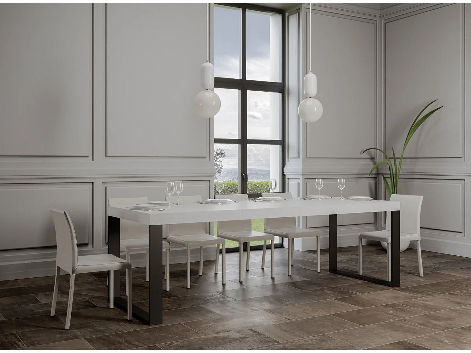 Grande table extensible 180 à 440cm blanche et pieds métal anthracite Tiroz-Support 4 pieds-5 rallonges épaisses